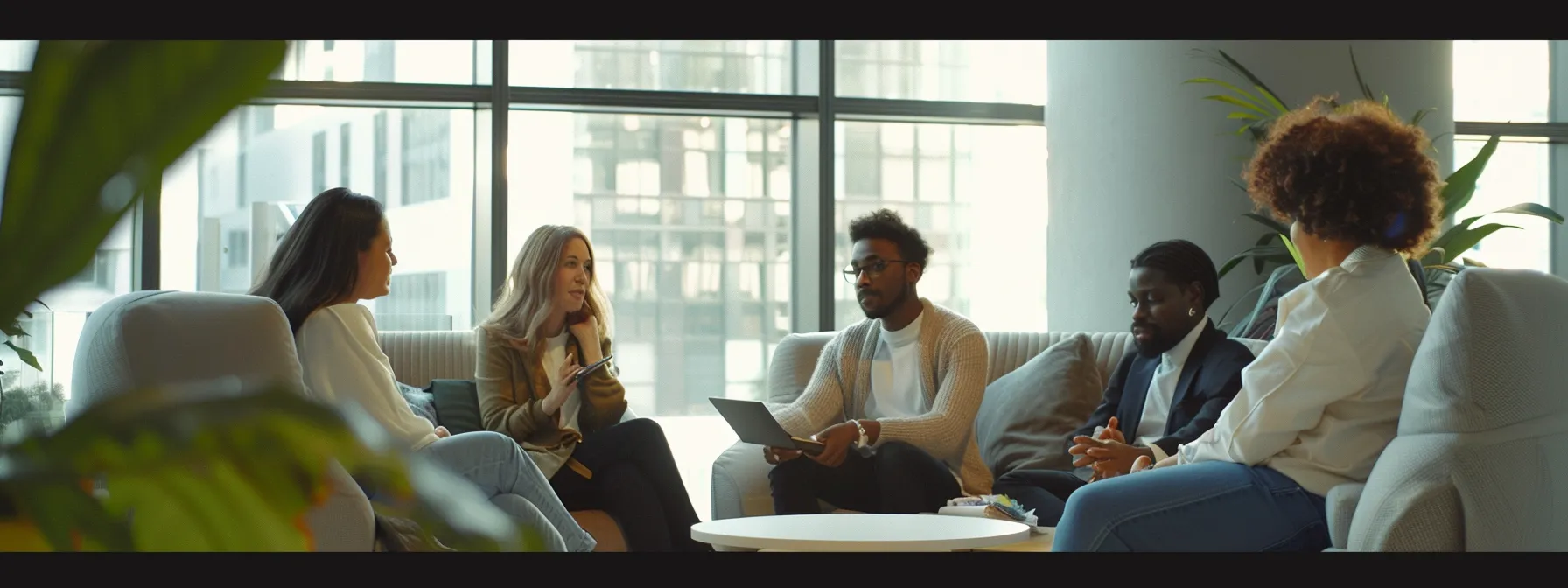 a diverse group of professionals brainstorming creative marketing strategies in a modern office setting. a diverse group of professionals brainstorming creative marketing strategies in a modern office setting.