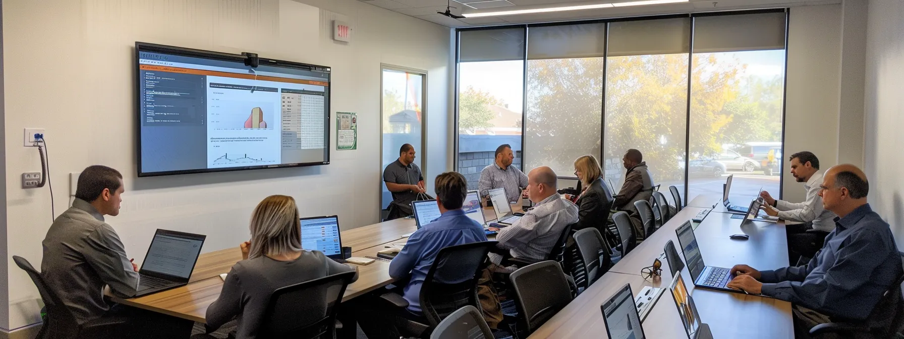 a focused sales team working together in a modern office, using crm tools and discussing strategies to drive revenue growth for a small business. a focused sales team working together in a modern office, using crm tools and discussing strategies to drive revenue growth for a small business.