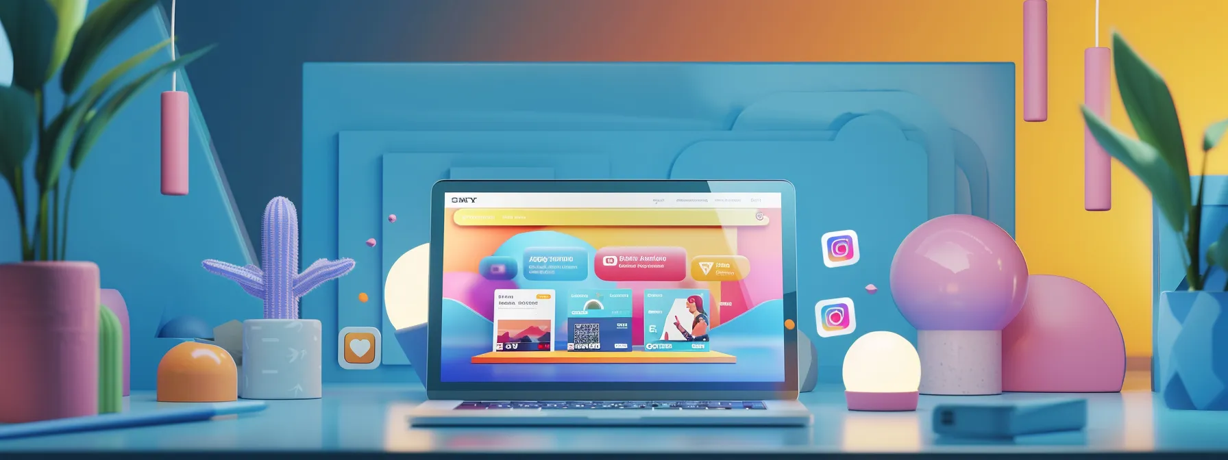 a vibrant and modern website design being showcased on a laptop screen, surrounded by social media icons, seo keywords, and positive online reviews. a vibrant and modern website design being showcased on a laptop screen, surrounded by social media icons, seo keywords, and positive online reviews.