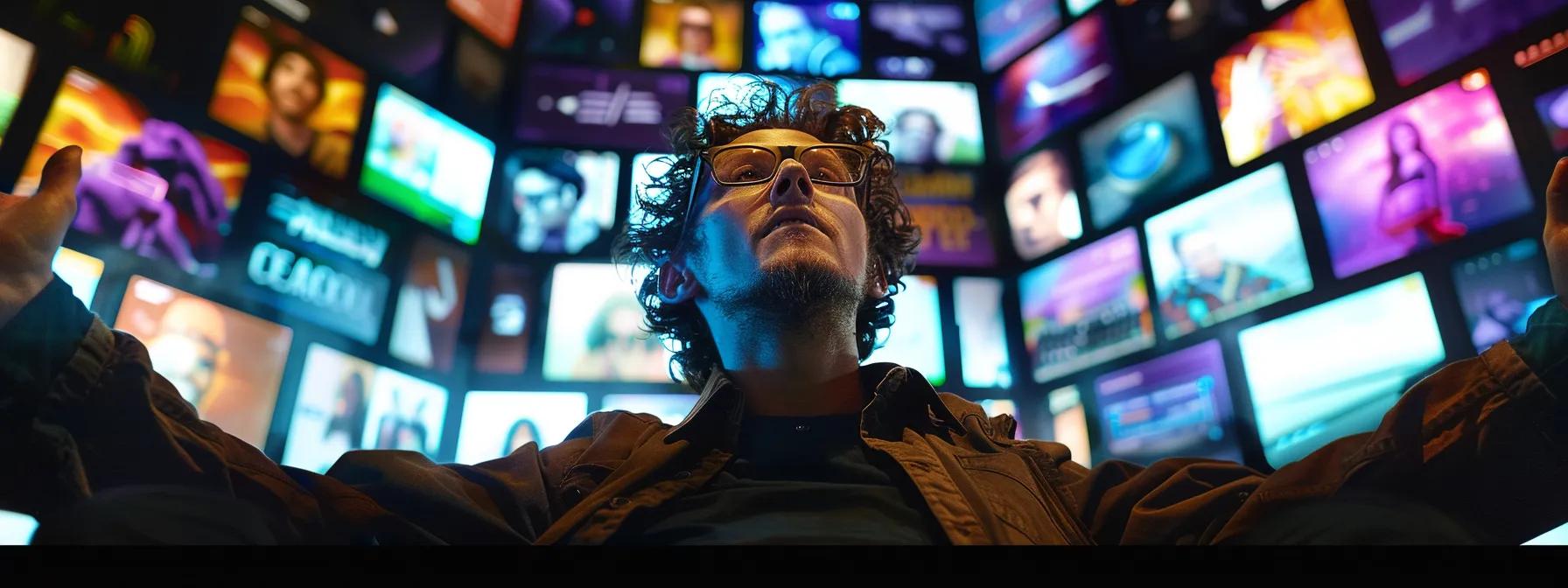a compelling visual of a frustrated social media strategist surrounded by vibrant digital screens displaying fluctuating engagement metrics, evoking the complexities of navigating audience fatigue and algorithm shifts. a compelling visual of a frustrated social media strategist surrounded by vibrant digital screens displaying fluctuating engagement metrics, evoking the complexities of navigating audience fatigue and algorithm shifts.