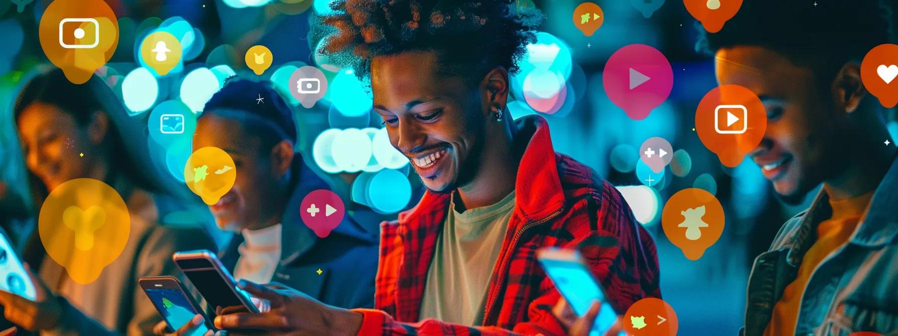 a vibrant and dynamic scene illustrating a diverse group of enthusiastic individuals engaging with their smartphones, surrounded by vivid social media icons cascading around them, symbolising successful brand interaction and user-generated content in a lively urban setting. a vibrant and dynamic scene illustrating a diverse group of enthusiastic individuals engaging with their smartphones, surrounded by vivid social media icons cascading around them, symbolising successful brand interaction and user-generated content in a lively urban setting.