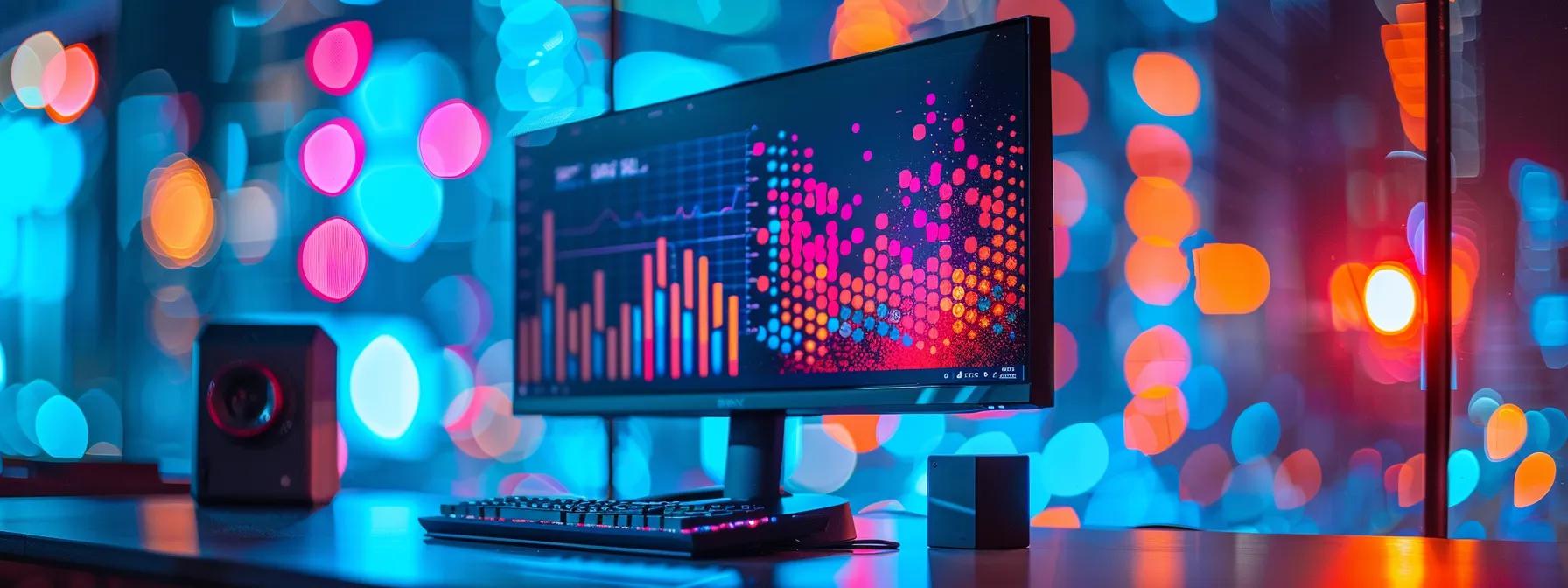 a vibrant, dynamic scene of a bustling social media workspace, featuring a computer screen displaying engaging content, with bright colours and lively graphs illustrating increased audience interaction and connection. a vibrant, dynamic scene of a bustling social media workspace, featuring a computer screen displaying engaging content, with bright colours and lively graphs illustrating increased audience interaction and connection.