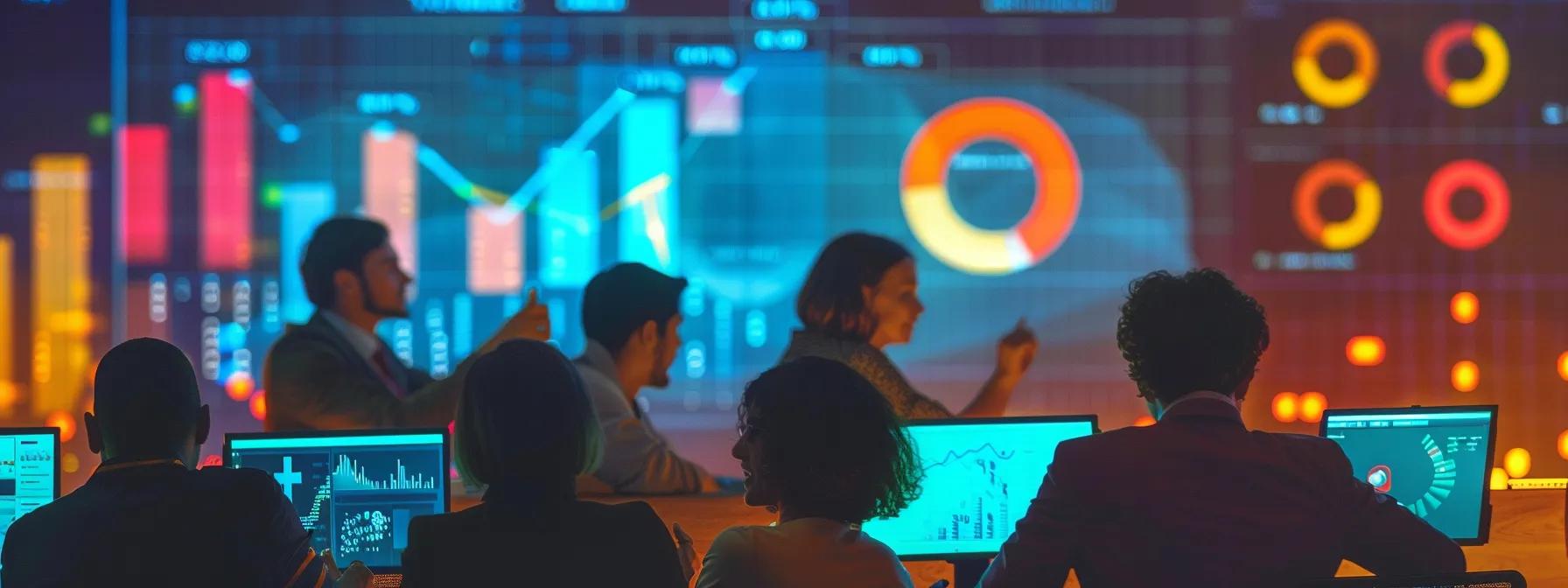 a vibrant, dynamic social media workspace showcasing a diverse group of professionals engaged in discussion, surrounded by digital devices displaying colourful analytics and interaction metrics under warm, collaborative lighting. a vibrant, dynamic social media workspace showcasing a diverse group of professionals engaged in discussion, surrounded by digital devices displaying colourful analytics and interaction metrics under warm, collaborative lighting.